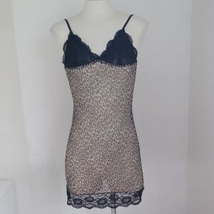 Rampage Womens Sheer Mesh Leopard Black Lace Babydoll Mini Slip Dress Y2K Sz M